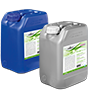 Two containers of cleaning chemicals from HOBART's Hyline series, blue and grey, for professional hygiene applications