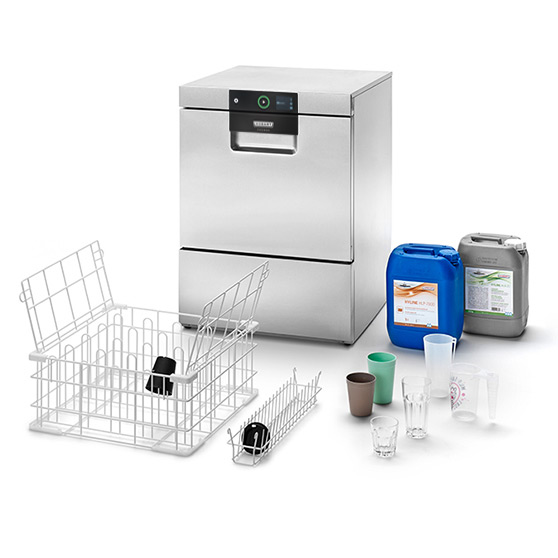 HOBART undercounter dishwasher in stainless steel with rack, reusable cups, glasses and detergent containers, energy-efficient system for sustainable cleaning in foodservice.