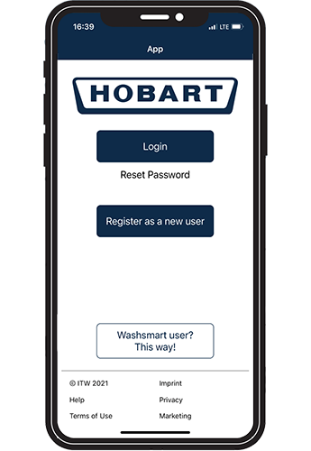 Smartphone displaying the HOBART app login interface with options for sign in, password reset, and registration, including a link for WASHSMART users, clean layout for digital equipment control and service features.
