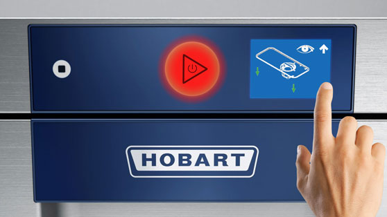 Control panel of a HOBART dishwasher with red start button and touchscreen, displaying an error message with inspection icon, featuring the HOBART logo for professional dishwashing.